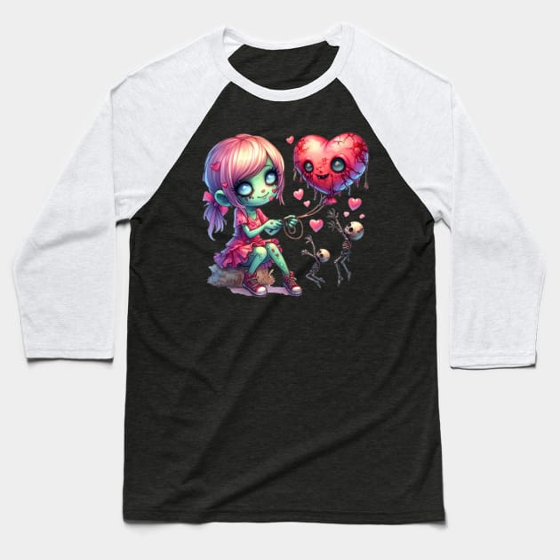 Zombie Girl Flirty Valentine Baseball T-Shirt by CAutumnTrapp